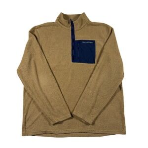 Vineyard Vines Mens XL Sherpa Fleece Quarter Zip Pullover Tan Navy Blue Pocket
